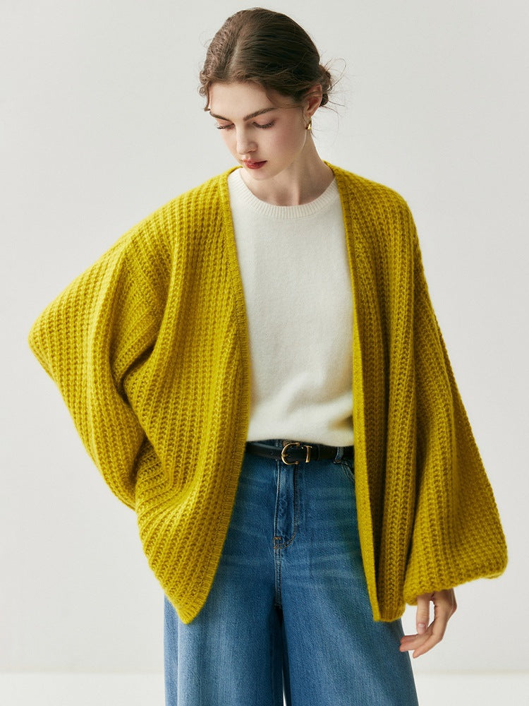 Mustard yellow loose knitted cardigan with wide sleeves and open front