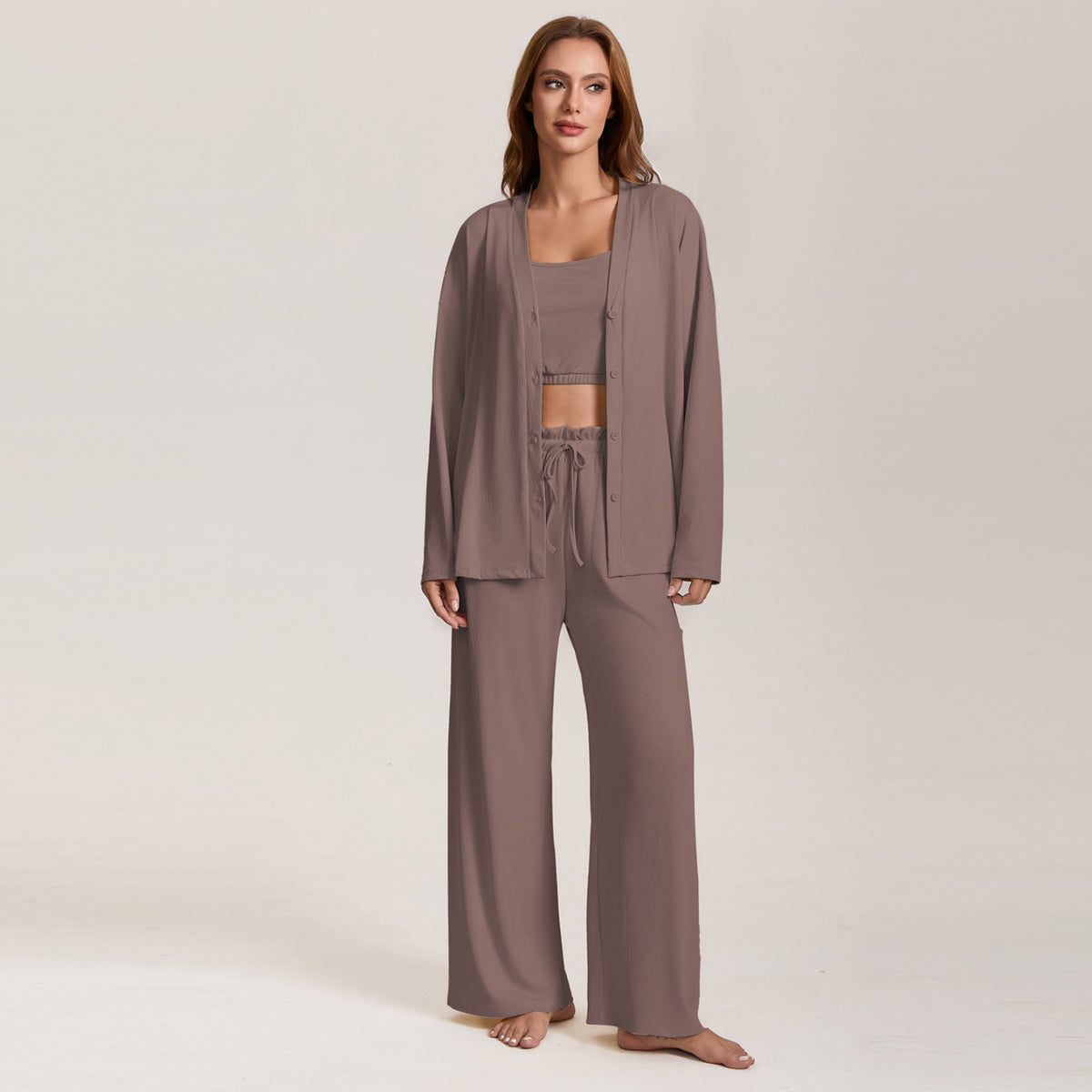 Women’s brown pajama three-piece set with long-sleeve lounge jacket and wide-leg pants