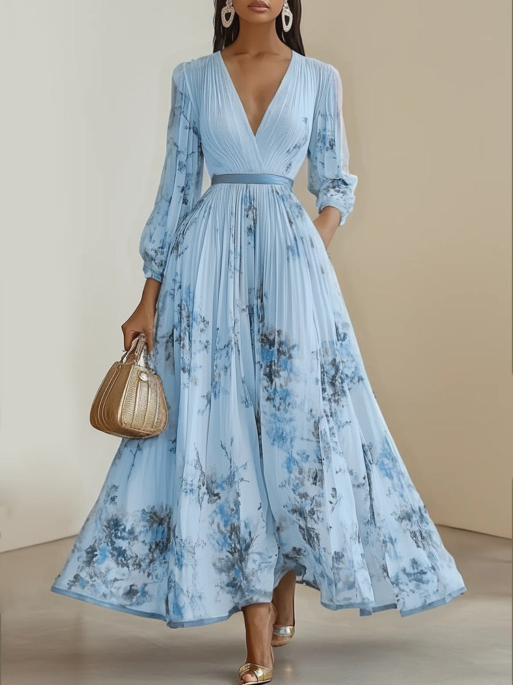 Floral chiffon maxi dress, light blue with blue blossoms, deep V-neck, long pleated sleeves