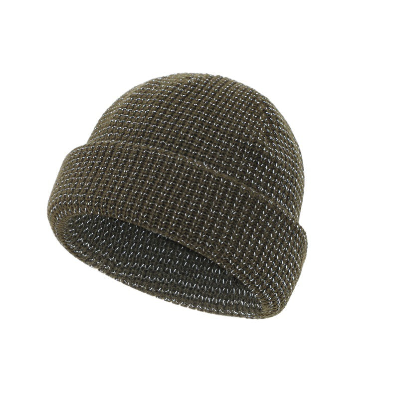 Olive green knitted beanie hat with folded cuff, textured stitch knit
