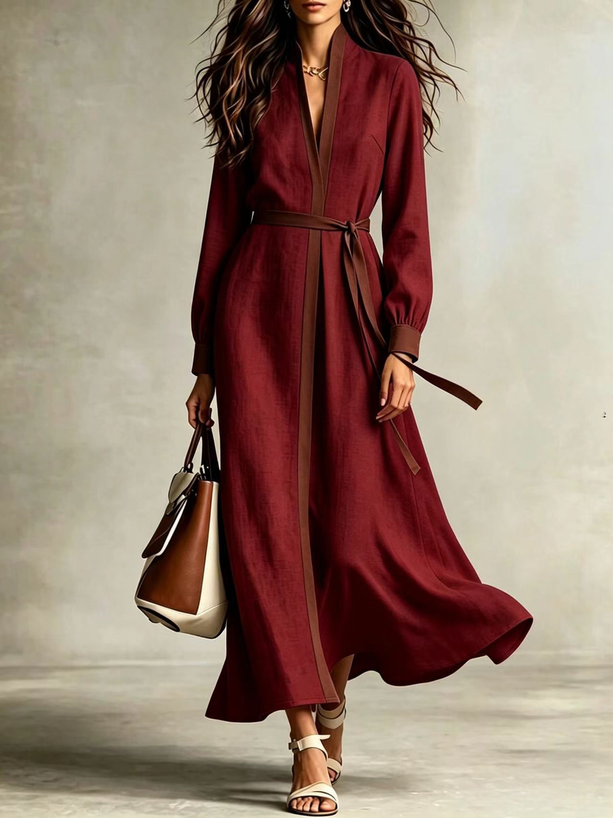Burgundy women's V-neck tie-waist long-sleeve maxi dress with flowing skirt
