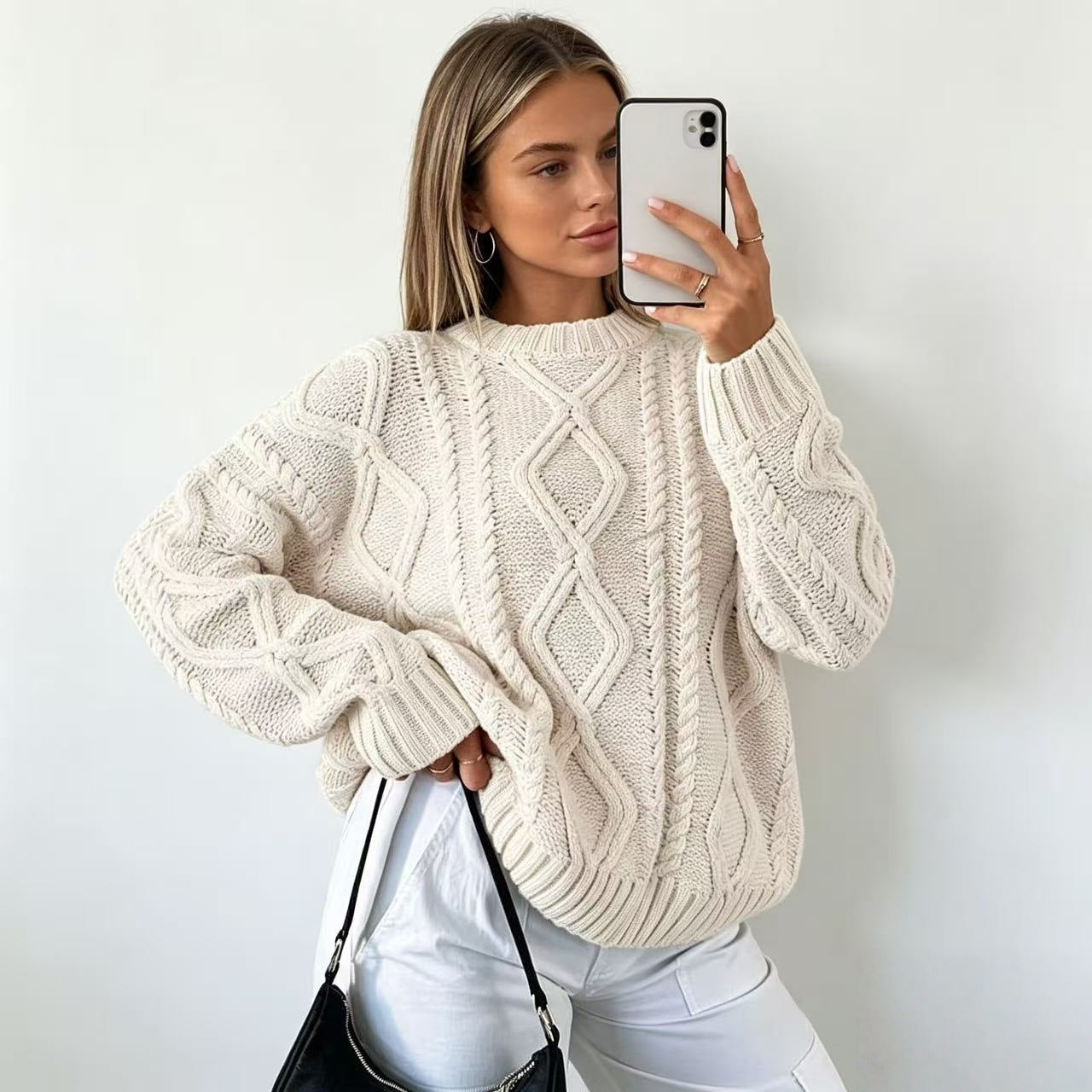 Oversized Cable Knit Sweater for Women — Chunky Aran Crew Neck in Wool Blend