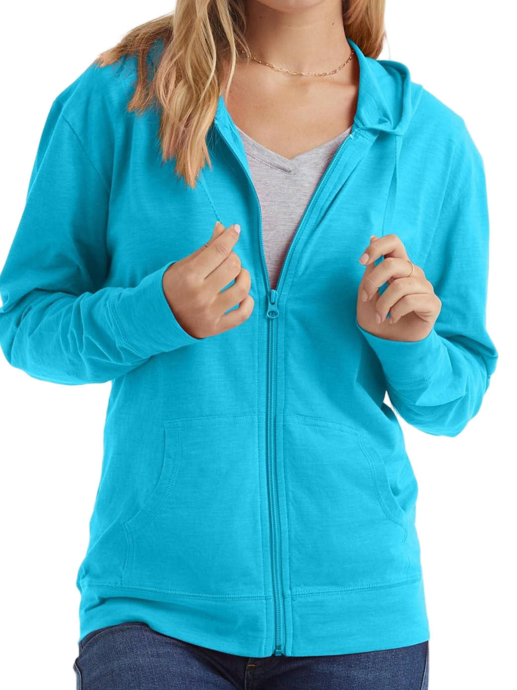 Sky blue plus-size zip-up hoodie sweatshirt with hood, drawstrings, and front pockets