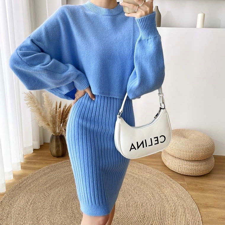 Sweater Dress Set — Cropped Crew Neck Knit Top with Ribbed Midi Cami Dress in Merino Wool