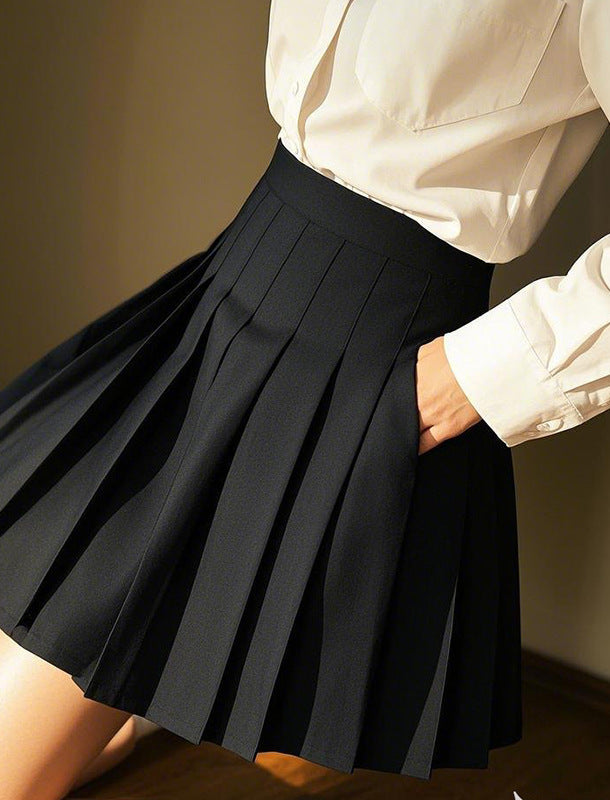 Black pleated high-waist A-line mini skirt with structured flared folds