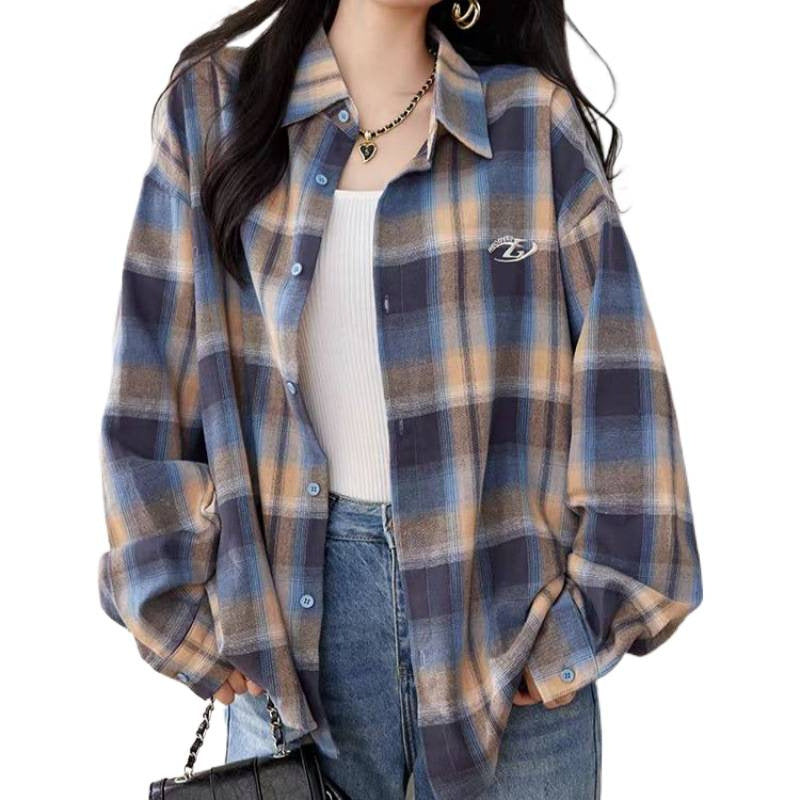 Oversized Plaid Shirt for Women — Button Front Layering Top with Chest Pocket in Brushed Cotton