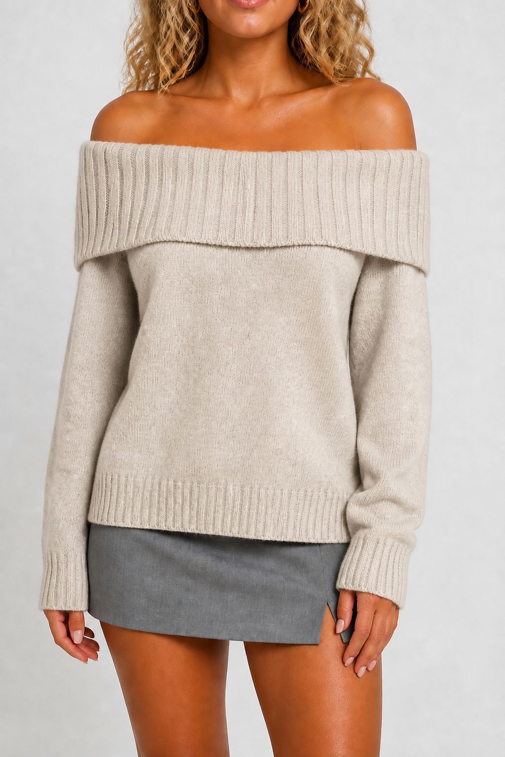 Off Shoulder Sweater for Women — Oversized Fold Over Collar Knit in Soft Wool Blend