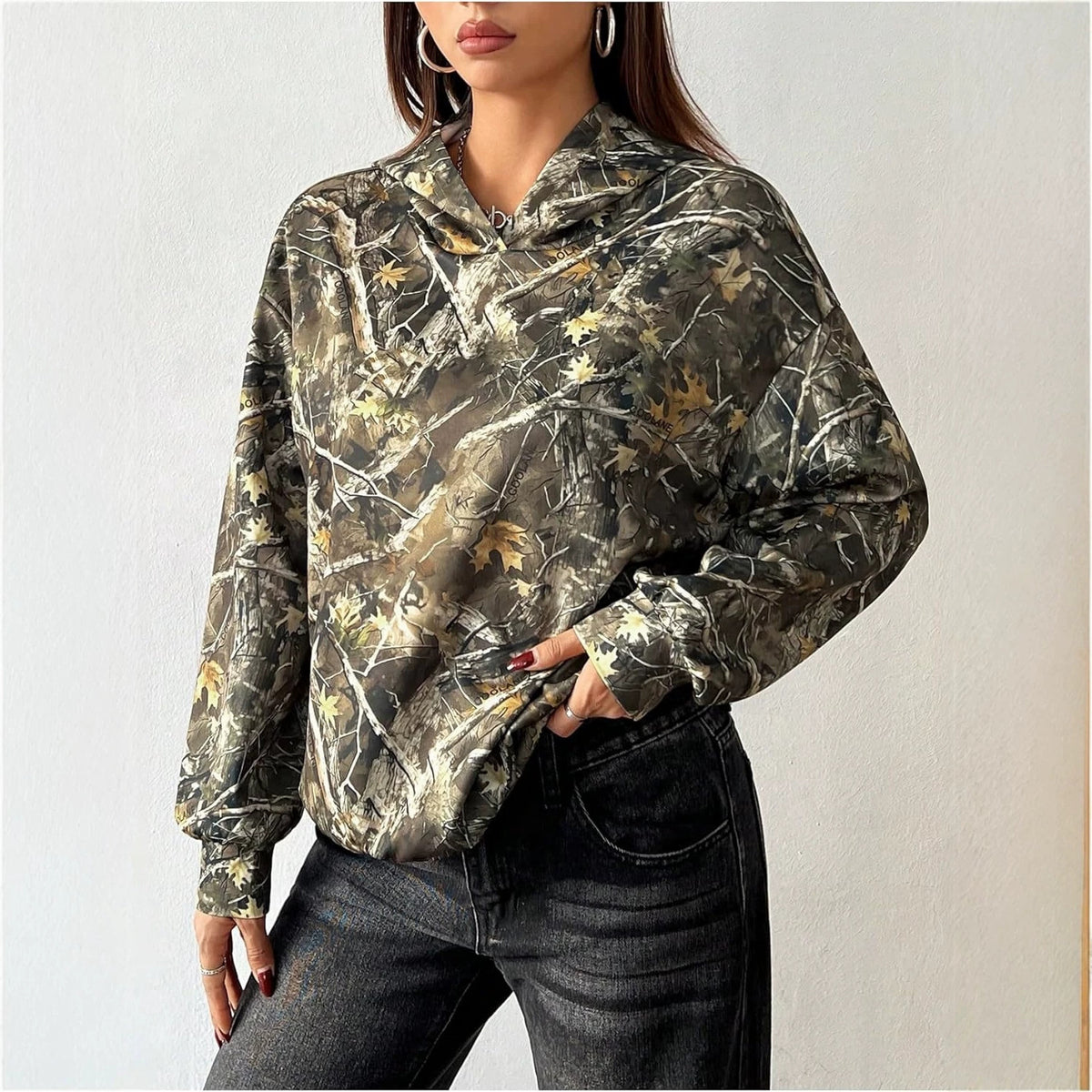 Women’s camo pullover hoodie with hood, long sleeves, and kangaroo pocket, dark olive mix