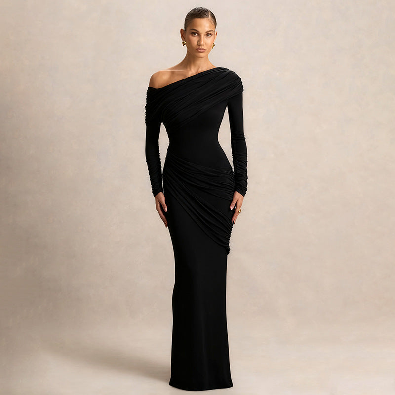 Black off-shoulder pleated long dress with draped bodice and long sleeves