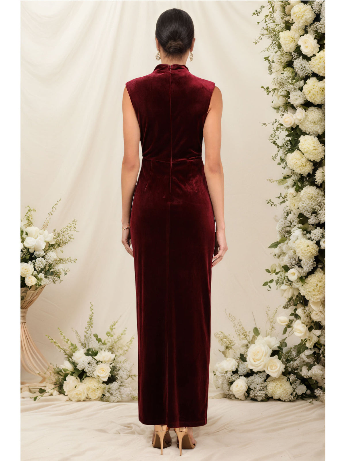 Burgundy velvet sleeveless long evening dress with stand collar and back seam.
