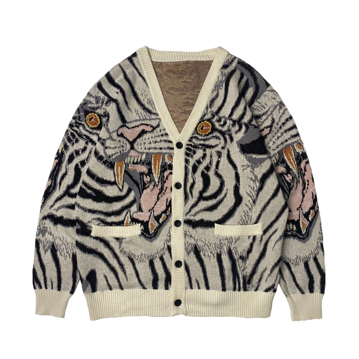 Animal Print Cardigan for Women — Oversized Tiger Jacquard Knit with Patch Pockets