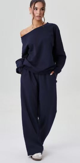 Navy oblique-shoulder long-sleeve top and wide-leg pants two-piece set