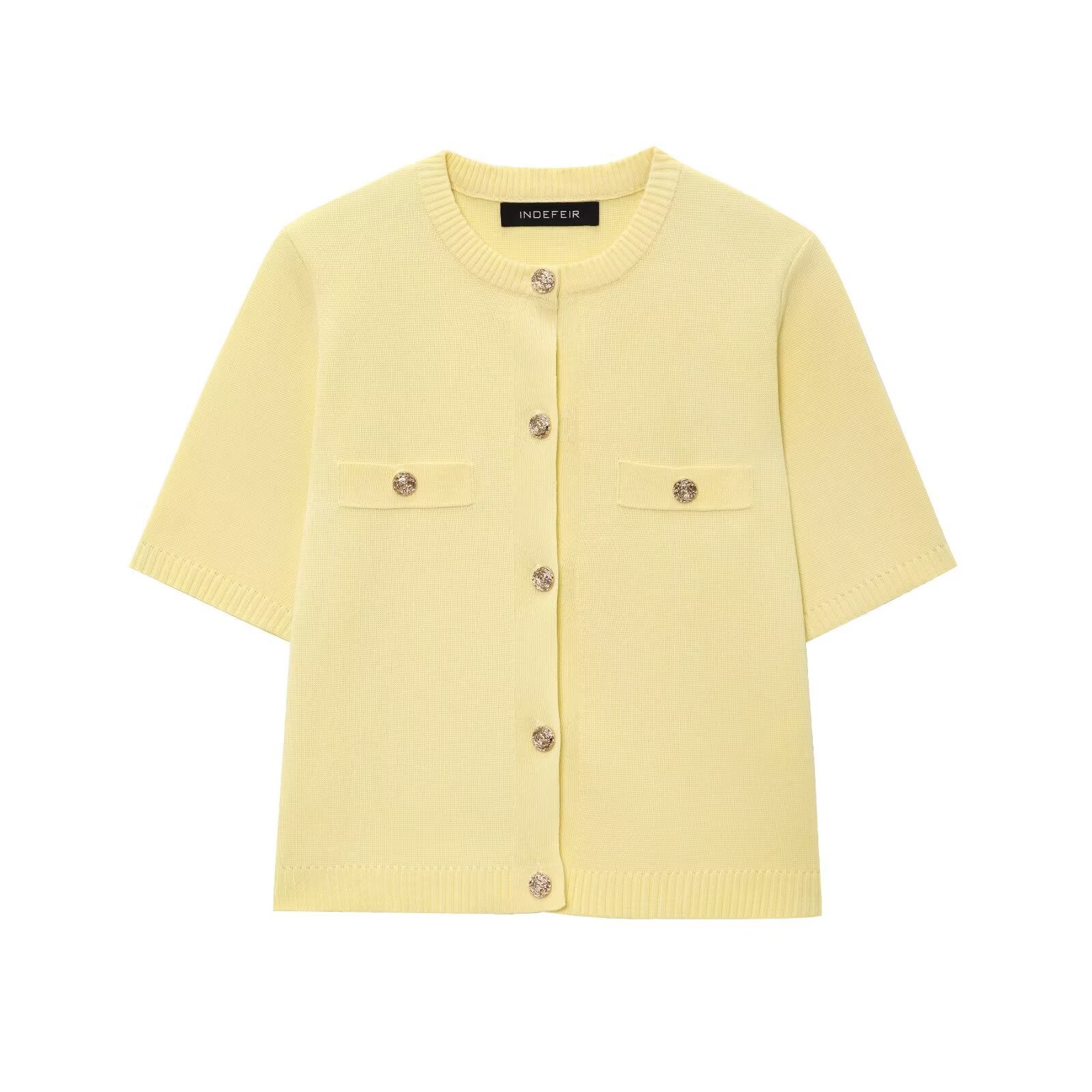Short Sleeve Cardigan Sweater for Women — Gold Button Front Knit with Chest Pockets in Viscose