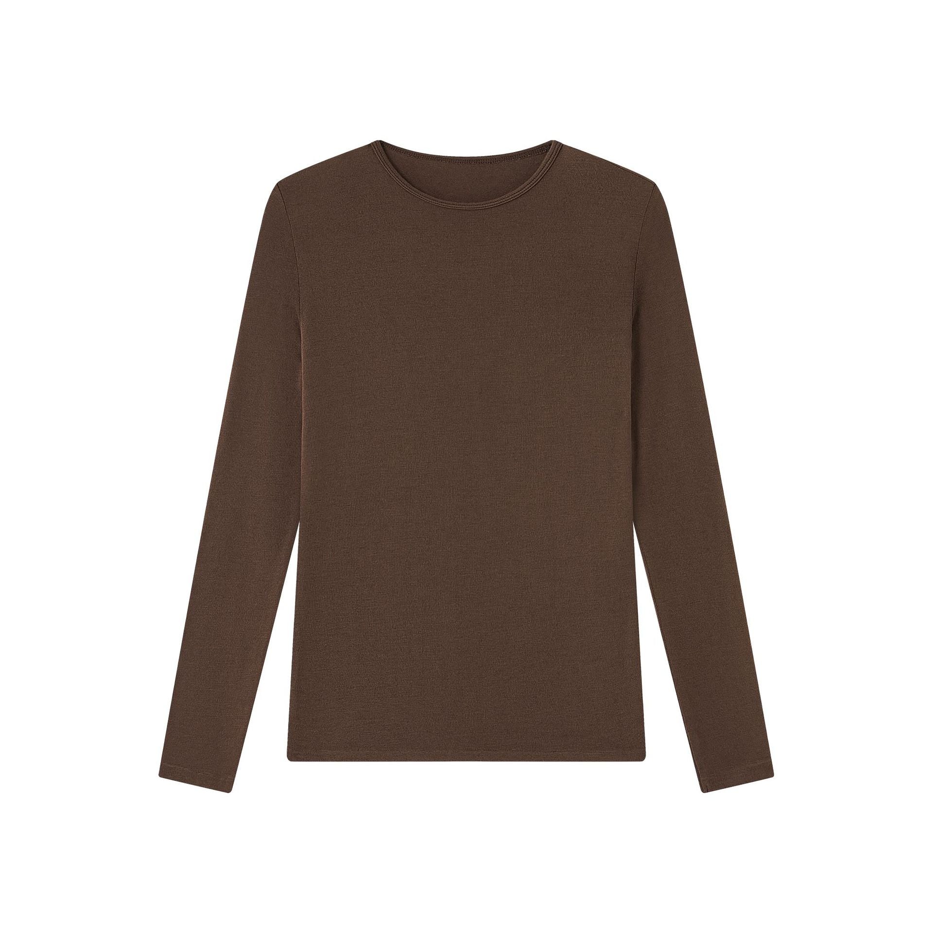 Women's long-sleeve knit T-shirt, crewneck, solid brown