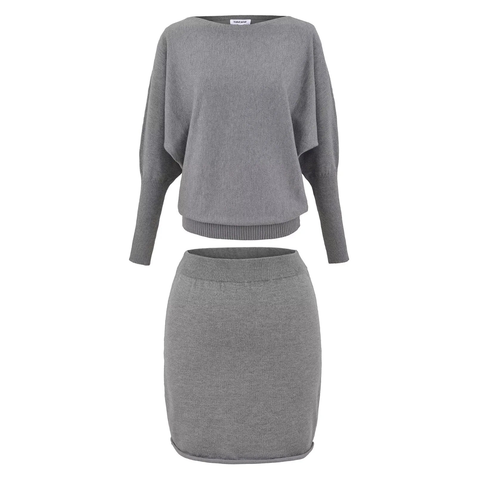 Gray knitted off-shoulder sweater and hip skirt two-piece set
