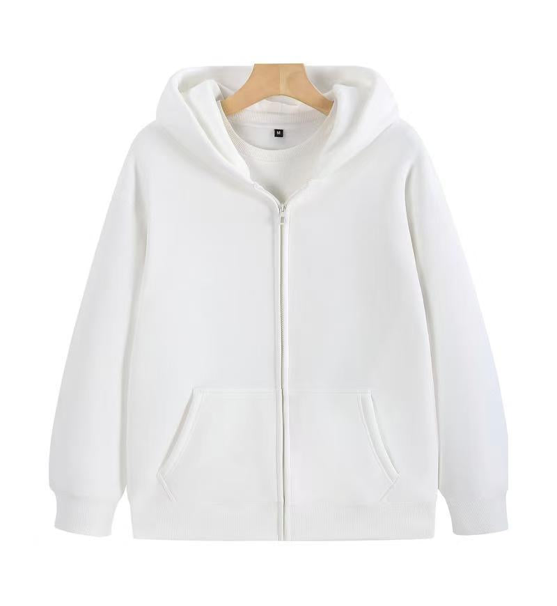 White zip-up hooded sweatshirt with front pockets, long sleeves