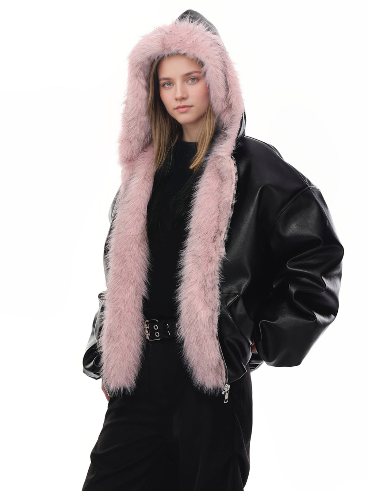 Women’s black hooded leather jacket with light pink faux fur trim and side view