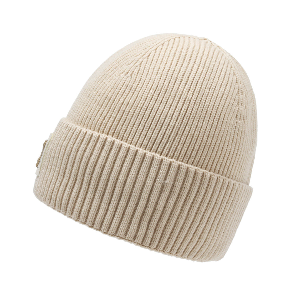 Khaki knit beanie with ribbed cuff and stitched front patch