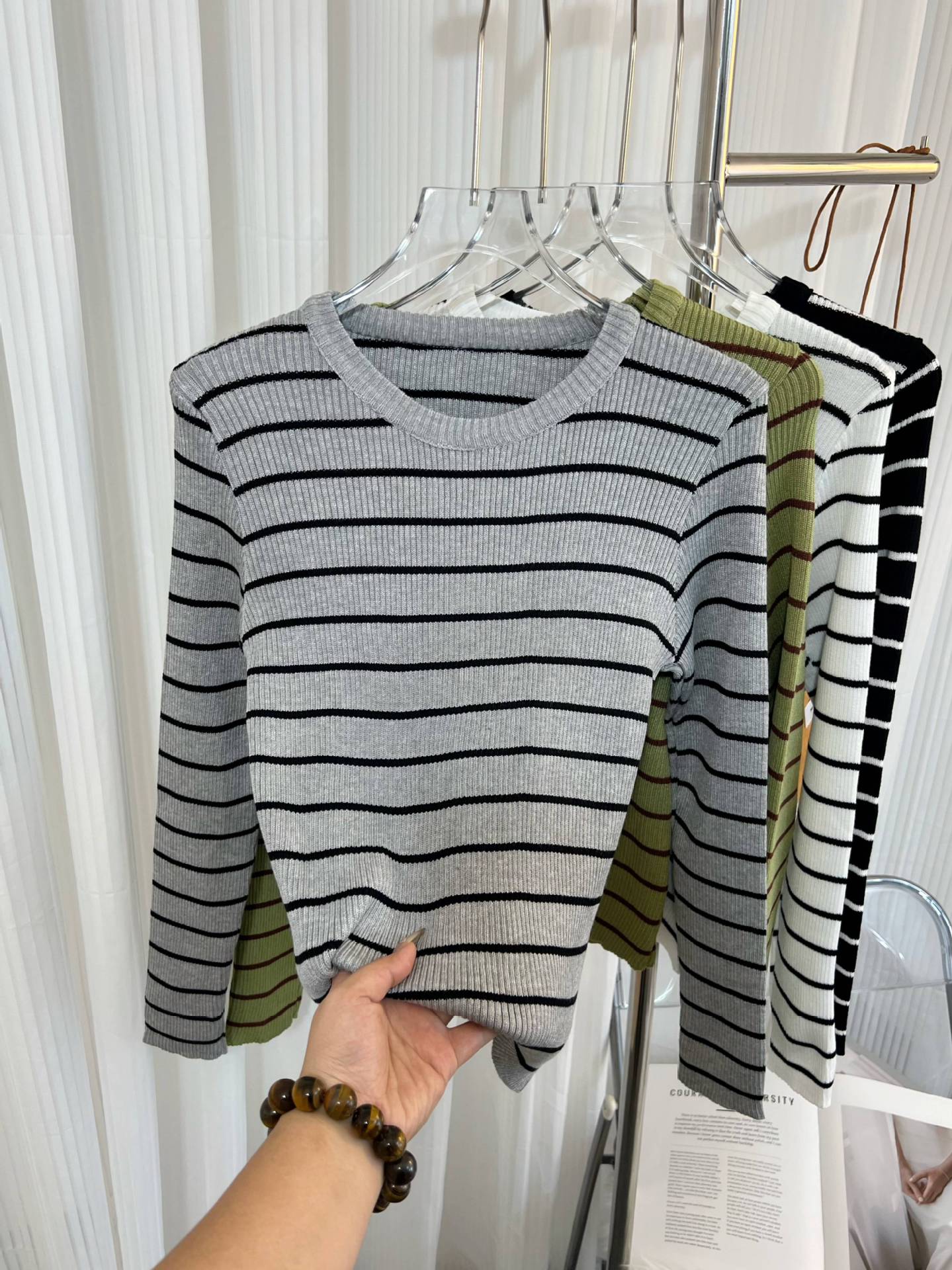 Women’s striped long-sleeve crewneck top, gray with dark horizontal stripes