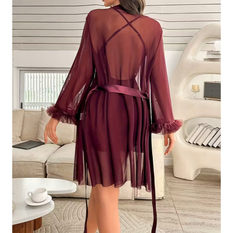 Wine red sheer back robe with crisscross straps and waist belt