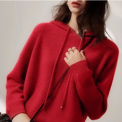 Women’s hooded knit sweater in red, pullover with drawstring and front pocket
