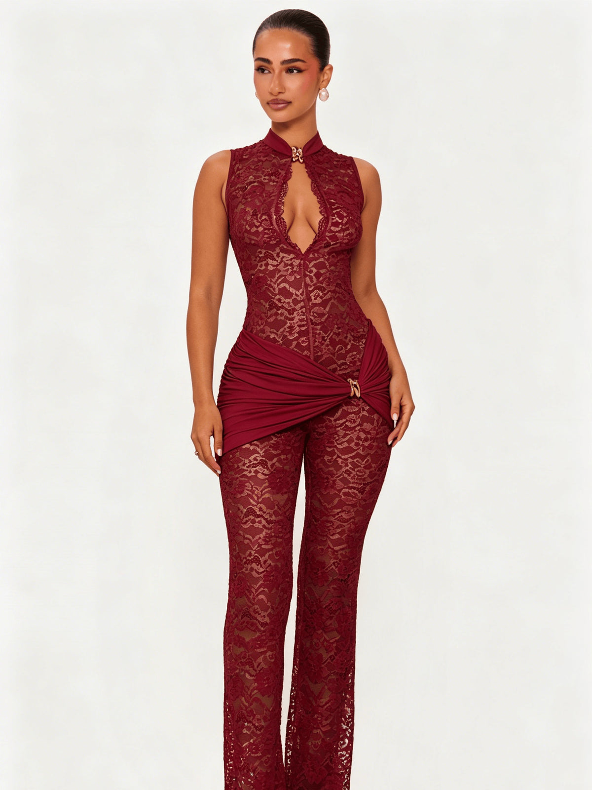 Red lace long dress, sleeveless high neckline and plunging front with ruched slit.