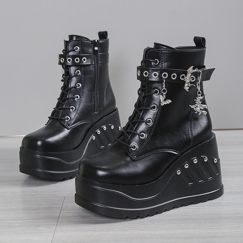 Platform Lace Up Boots for Women — Chunky Wedge Combat Booties in Faux Leather