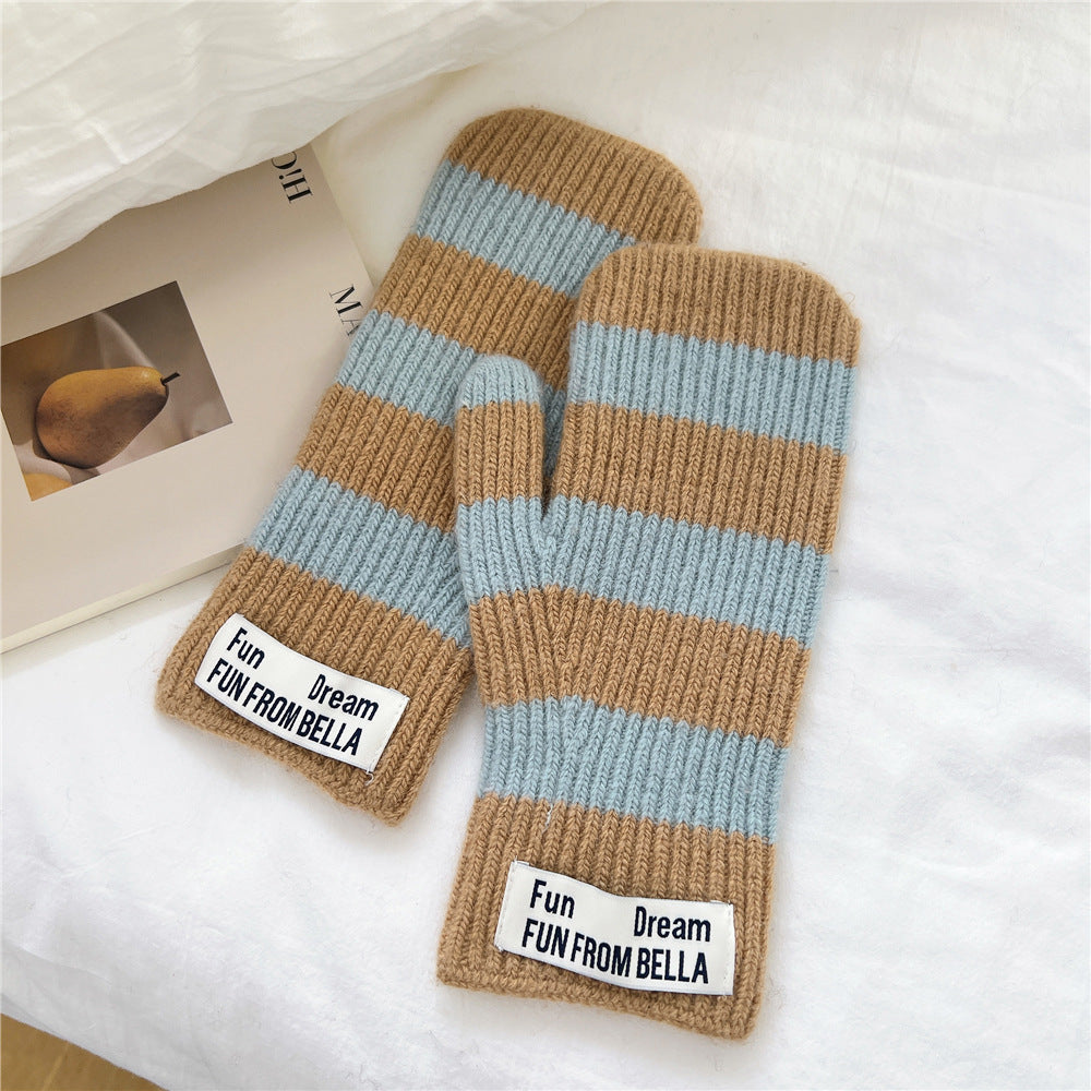 Striped knit wool two-finger gloves, tan with light blue horizontal stripes