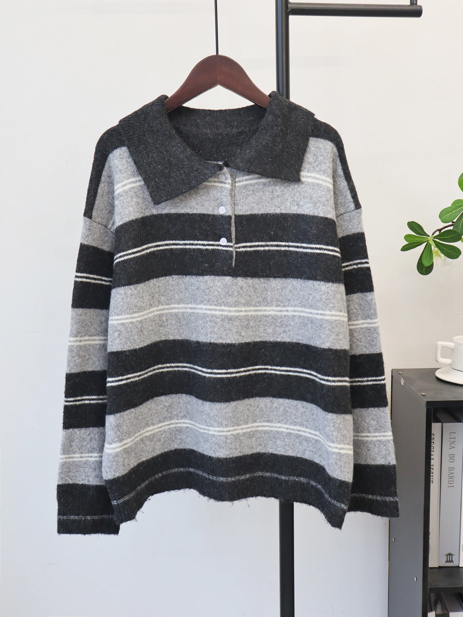 Women’s collared striped knit pullover in heather gray with white and black horizontal stripes.