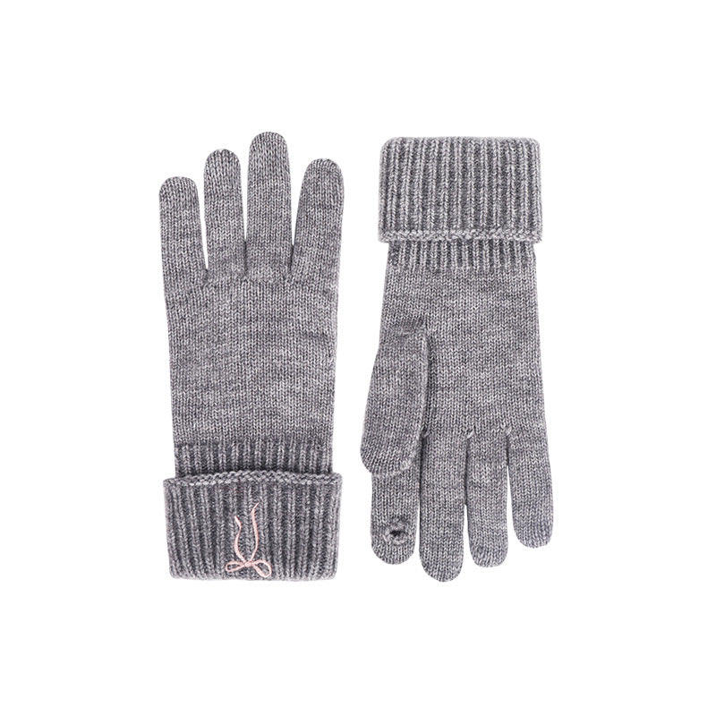 Gray knitted gloves shown front and back, with ribbed cuffs and touch-screen fingertips.