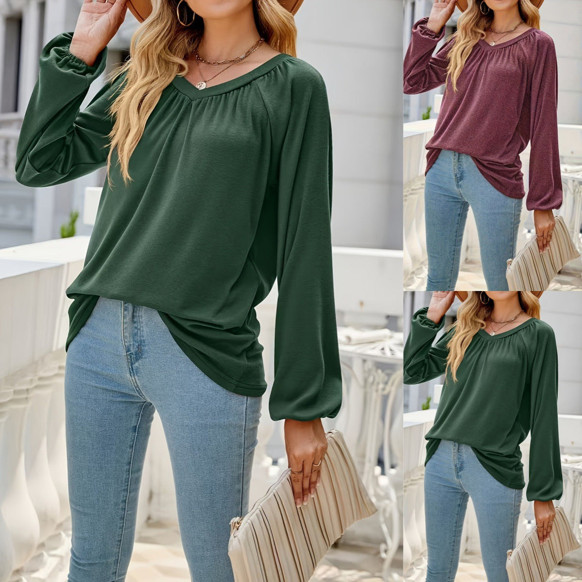 Flowy Long Sleeve Top for Women — Loose V Neck Fit with Balloon Sleeves in Viscose