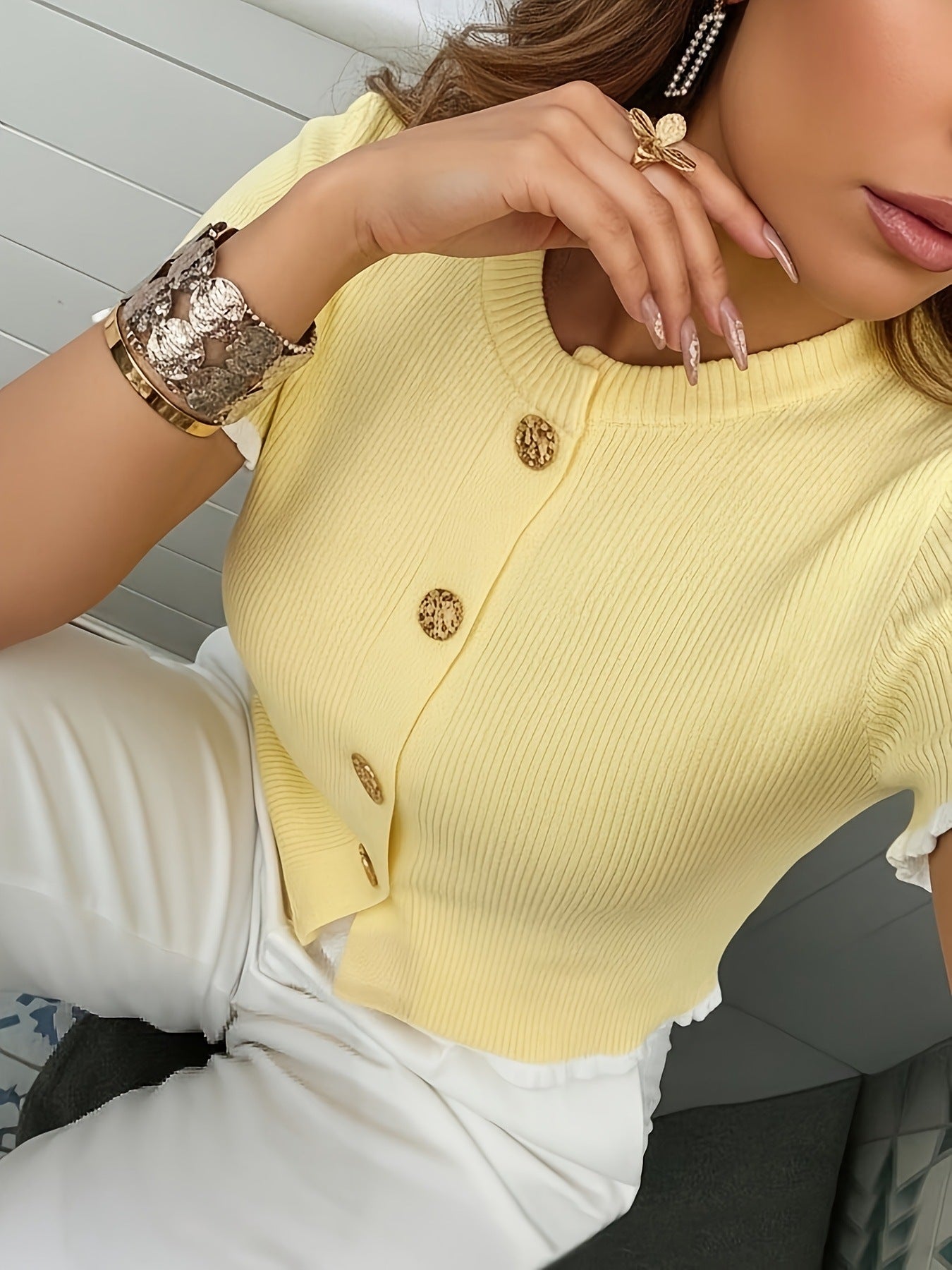Short Sleeve Cardigan for Women — Fitted Button Front Top with Ruffle Trim in Ribbed Knit