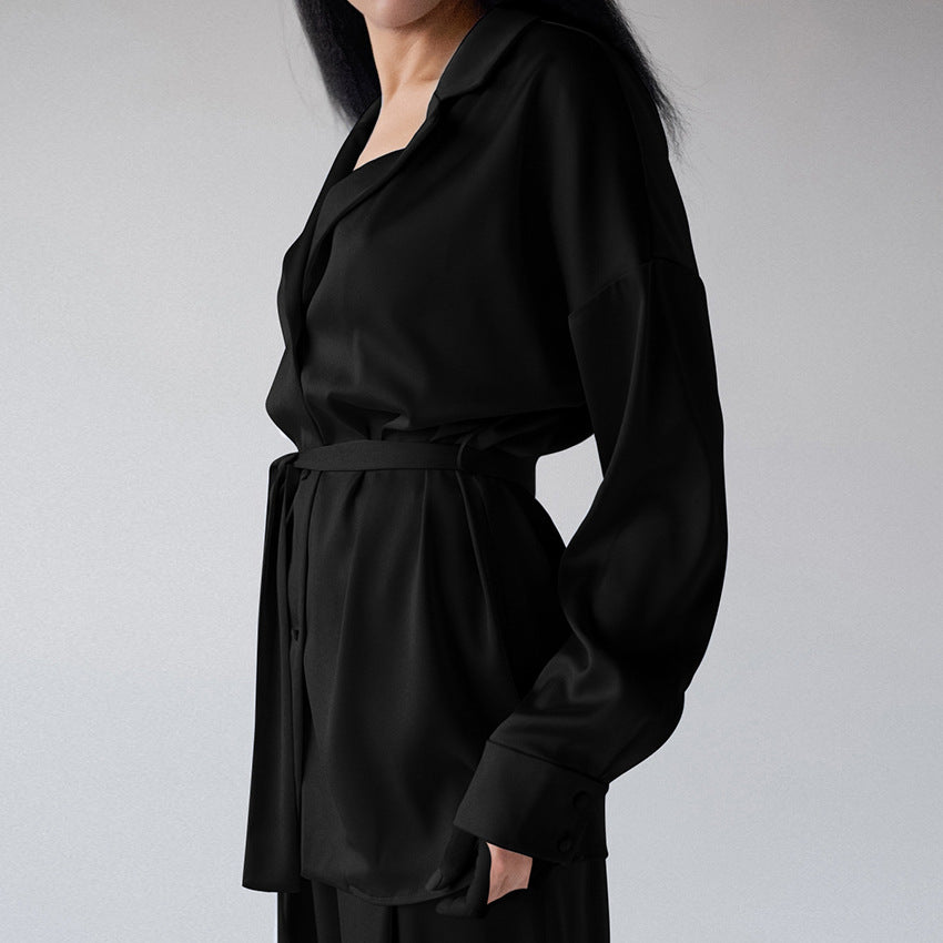 Wide-leg satin-look long pajama pants with tie waist, black
