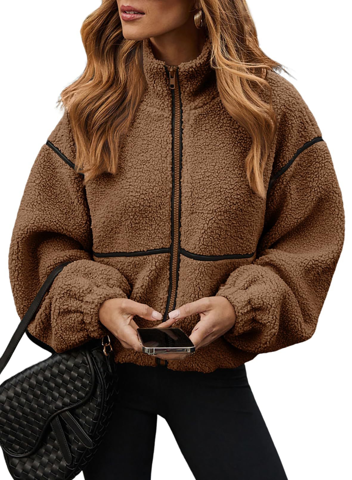 Women's faux shearling sherpa zip-up jacket, cropped oversized fit, brown with dark trim