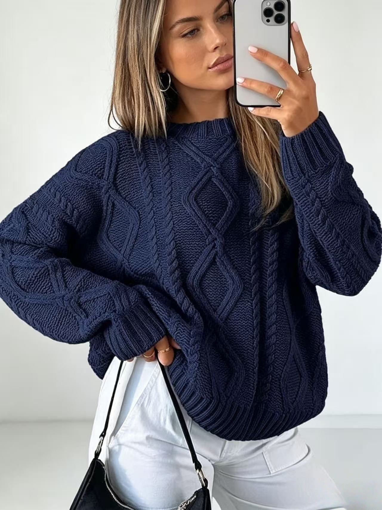Oversized Cable Knit Sweater for Women — Chunky Aran Crew Neck in Wool Blend