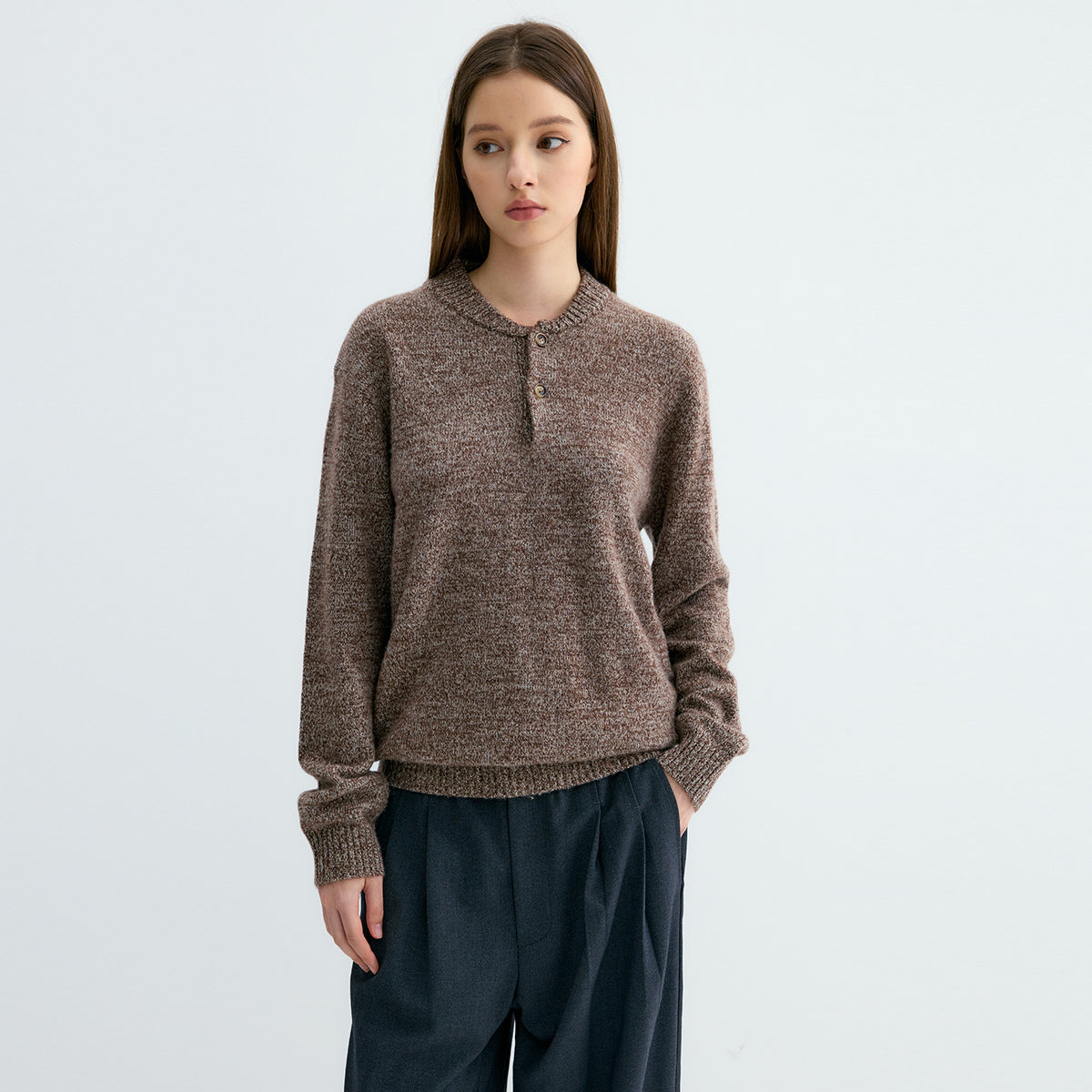 Wool knit baseball-collar sweater with two-button placket, medium brown textured knit