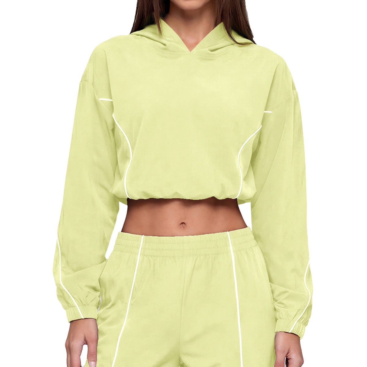 Yellow hooded sun protection jacket with contrast piping and cropped fit