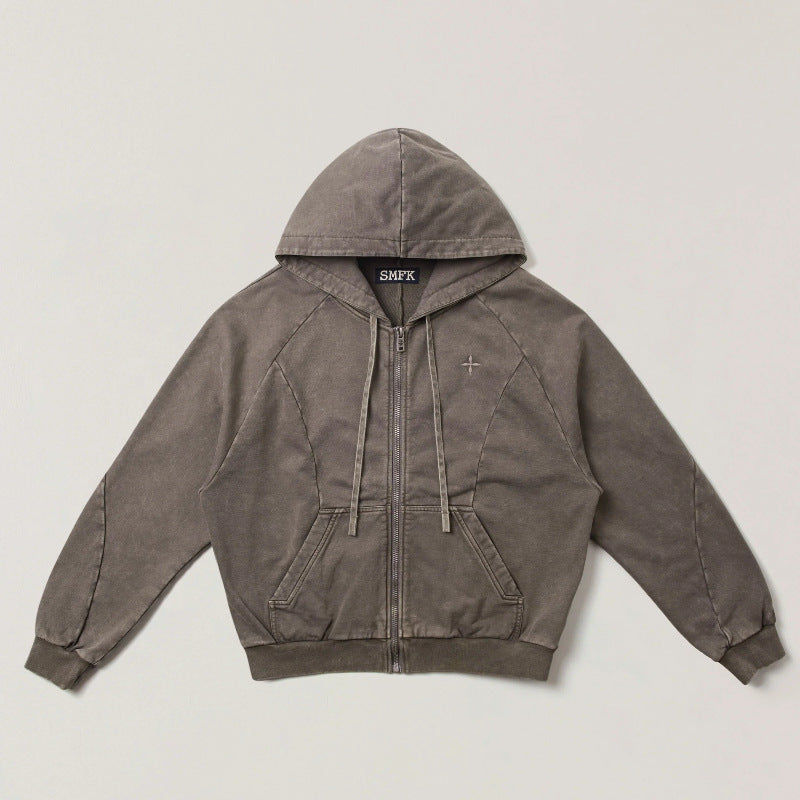 Gray zip-up hooded jacket with front zipper, drawstring hood, and side pockets
