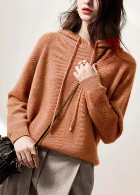 Women’s hooded knit sweater in orange, pullover with drawstring and front pocket