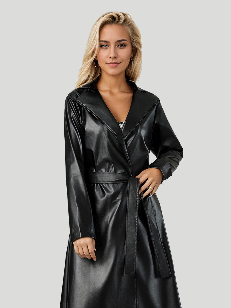 Faux Leather Trench Coat for Women — Long Belted Duster with Notch Lapels