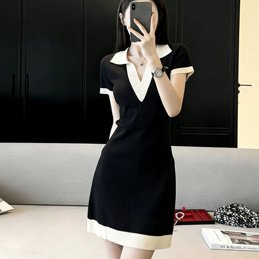Polo Mini Dress — Contrast Collar Knit with Short Sleeves and Ribbed Hem in Viscose