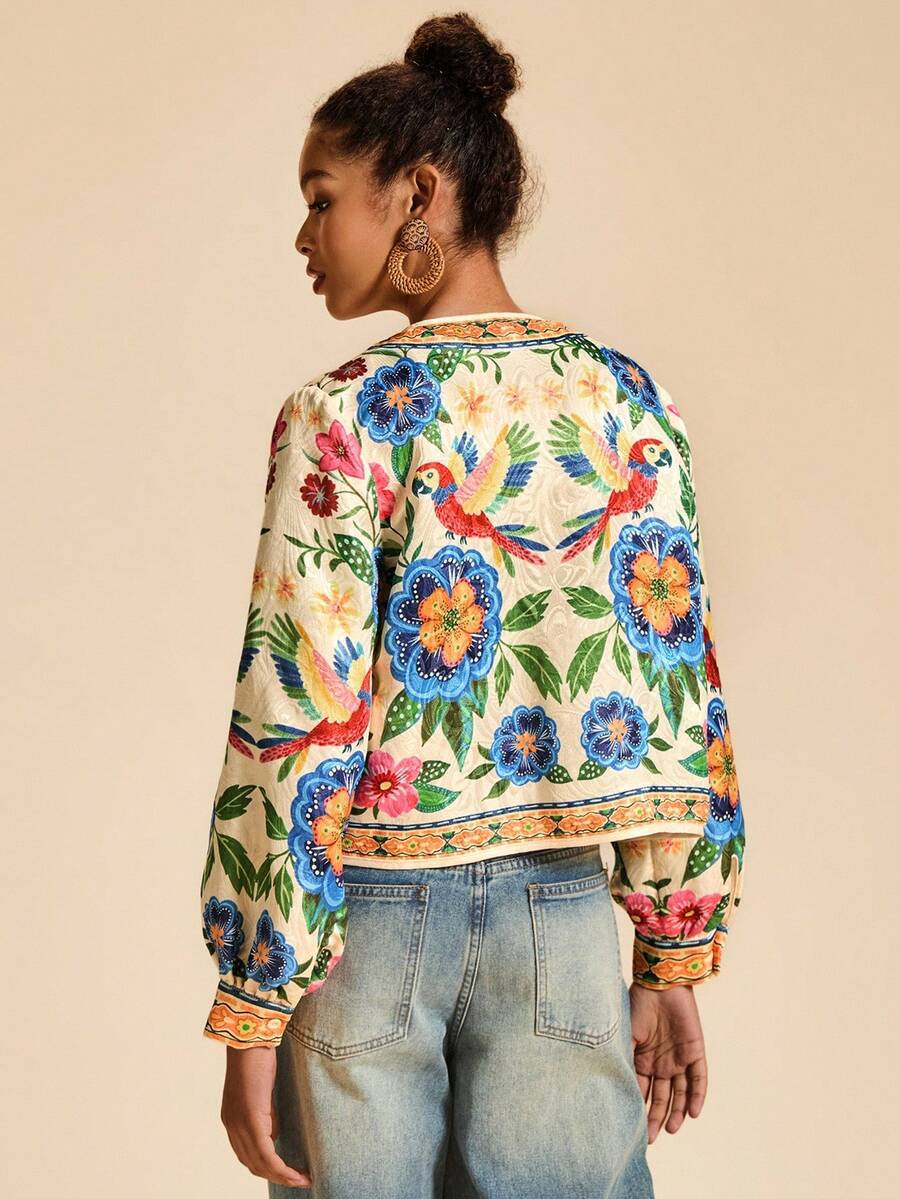Women’s short floral jacket cardigan, back view, multicolor parrot and flower print, trim