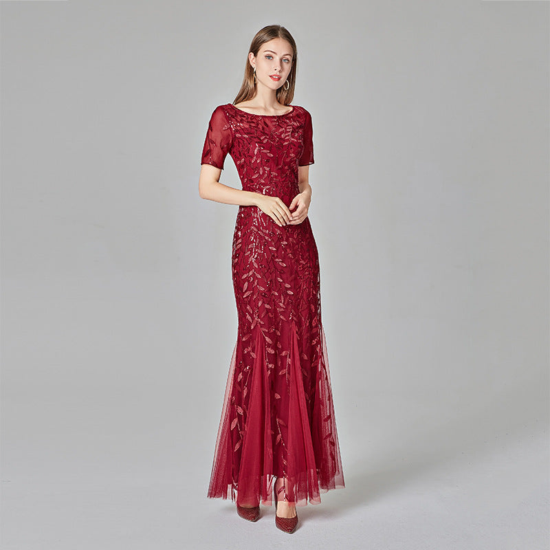 Women's mesh sequin fishtail evening dress, short sleeves, scoop neck, wine red