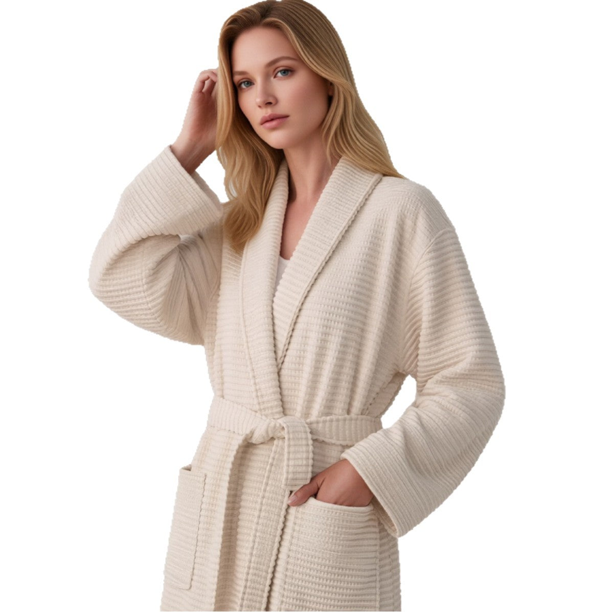 Natural cotton bathrobe with belt, shawl collar, long sleeves and textured stripes