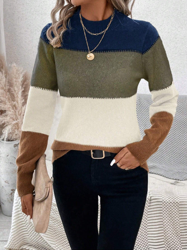 Crew-neck knit sweater with contrast bands in navy, olive, cream, and brown