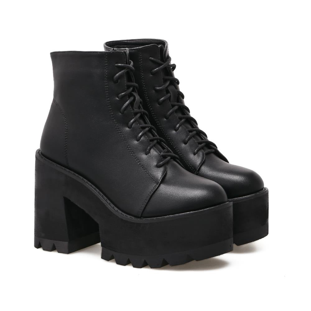 Platform Ankle Boots for Women — Chunky Lace Up Combat Style in Faux Leather