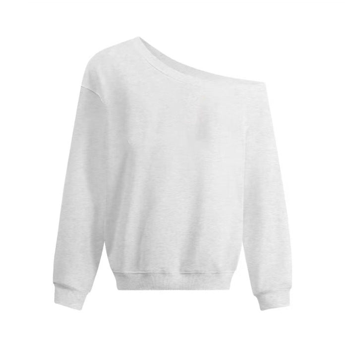 White asymmetric one-shoulder sweatshirt, loose fit, long sleeves, rounded neckline