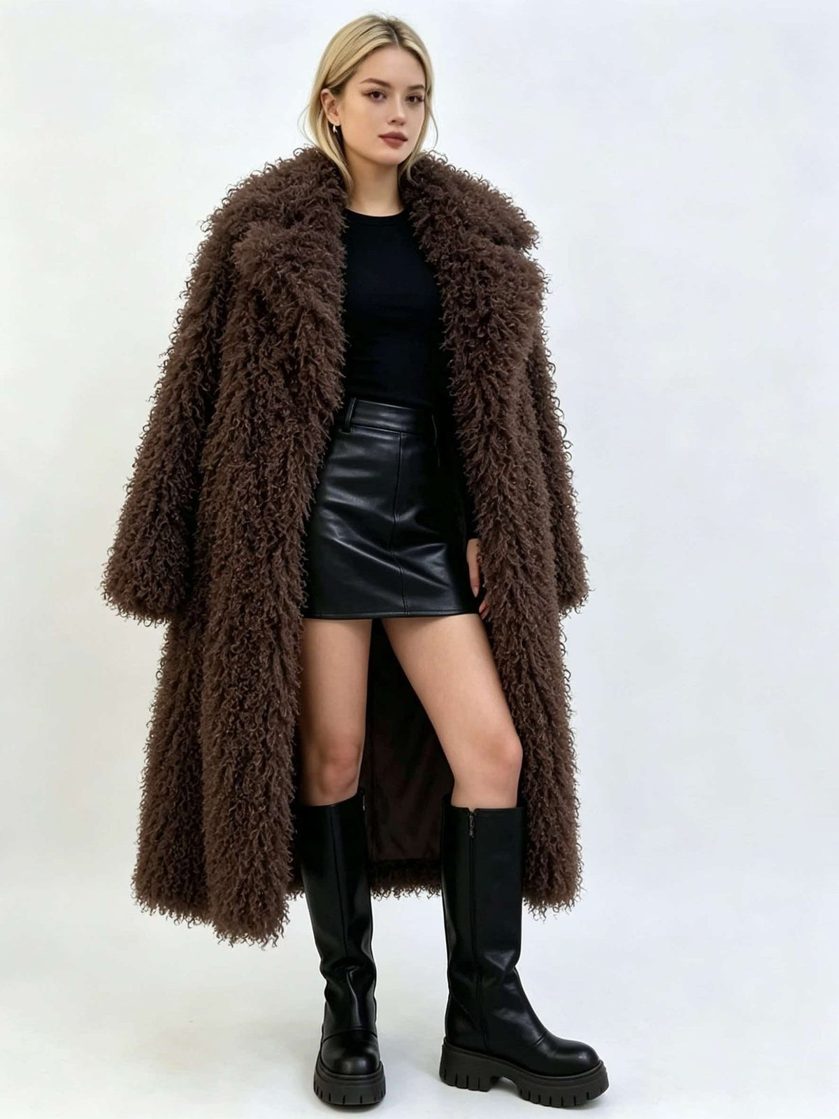 Women’s long faux fur coat, dark brown with oversized collar, open front