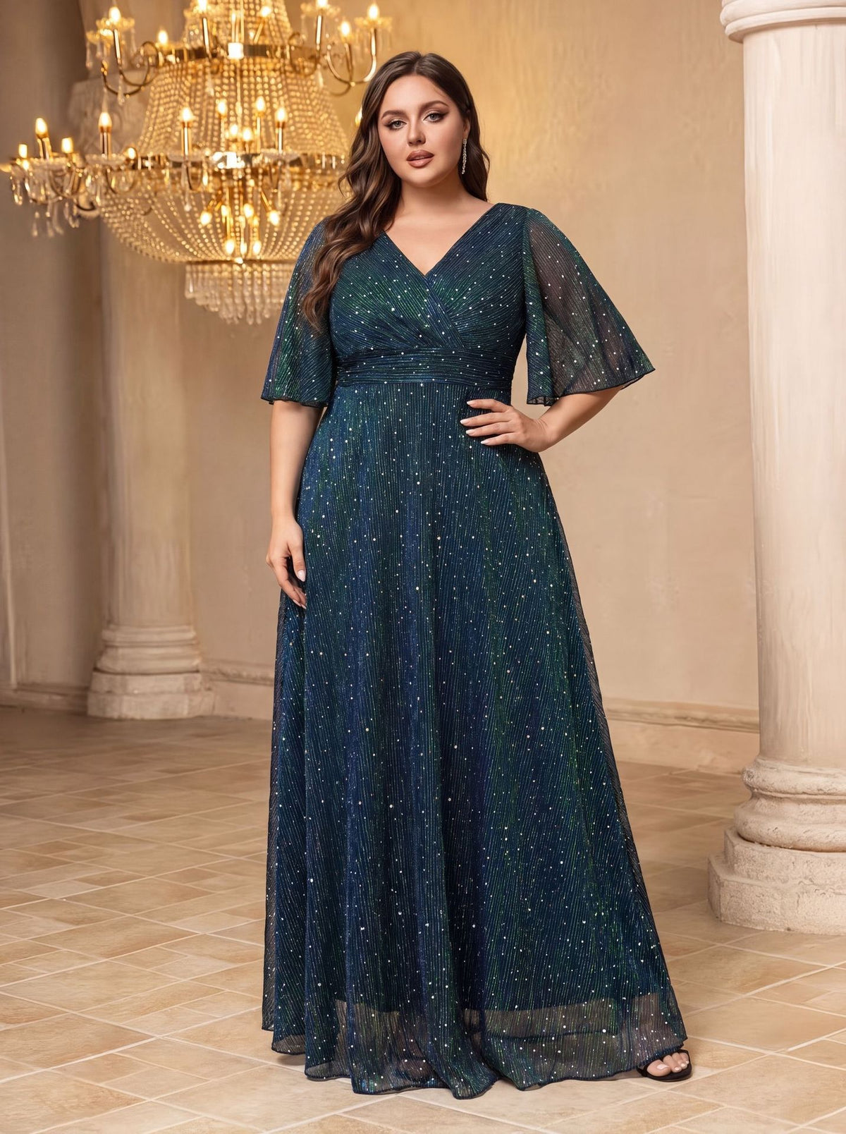 Dark green V-neck sequin evening dress with waist tie and short bell sleeves