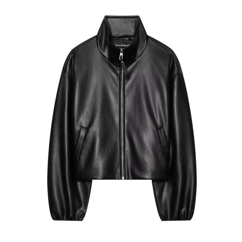 Women's black stand-collar faux leather jacket with front zipper, cropped silhouette